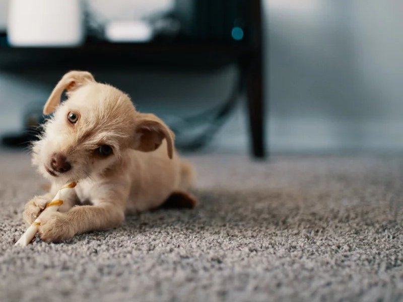 Young girl sitting on a carpeted living room floor with a dog
