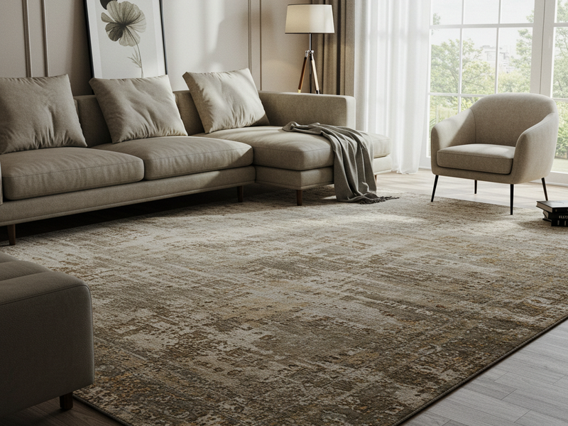Patterned area rug in a taupe bedroom