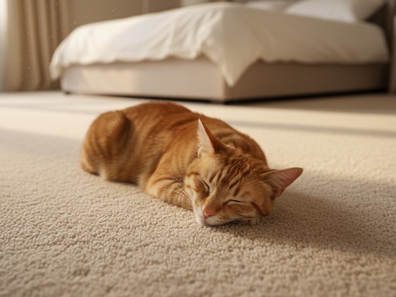 Small dog sitting on a white area rug in a living room